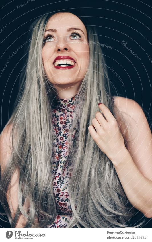 Smiling woman with long grey dyed hair Elegant Style Feminine Young woman Youth (Young adults) Woman Adults 1 Human being 18 - 30 years 30 - 45 years Joy Happy