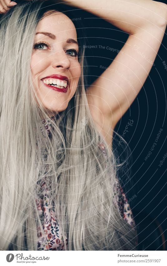 Smiling woman with long grey dyed hair Lifestyle Elegant Style Feminine Young woman Youth (Young adults) Woman Adults 1 Human being 18 - 30 years 30 - 45 years