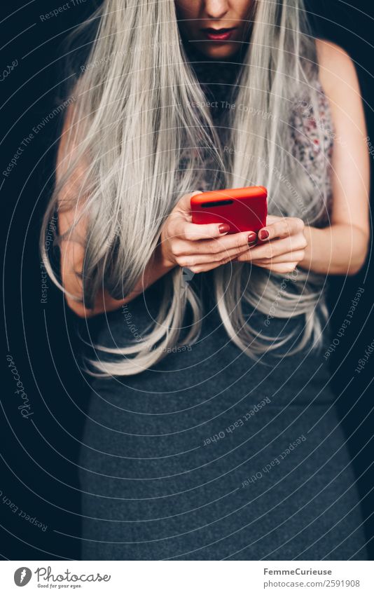 Woman with grey dyed hair using her phone Lifestyle Elegant Style Feminine Young woman Youth (Young adults) Adults 1 Human being 18 - 30 years 30 - 45 years