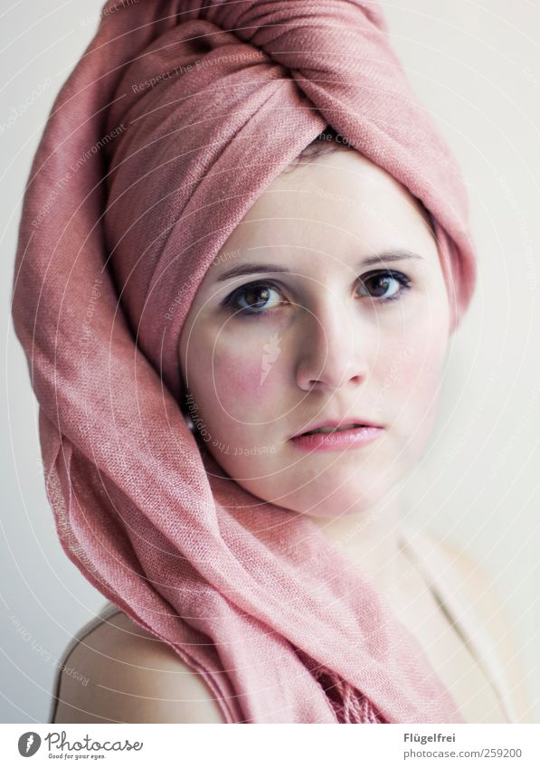 Delicate Feminine Young woman Youth (Young adults) 1 Human being 18 - 30 years Adults Looking Self-confident Turban Earring Pink Eyes Mouth Soft Cloth Textiles