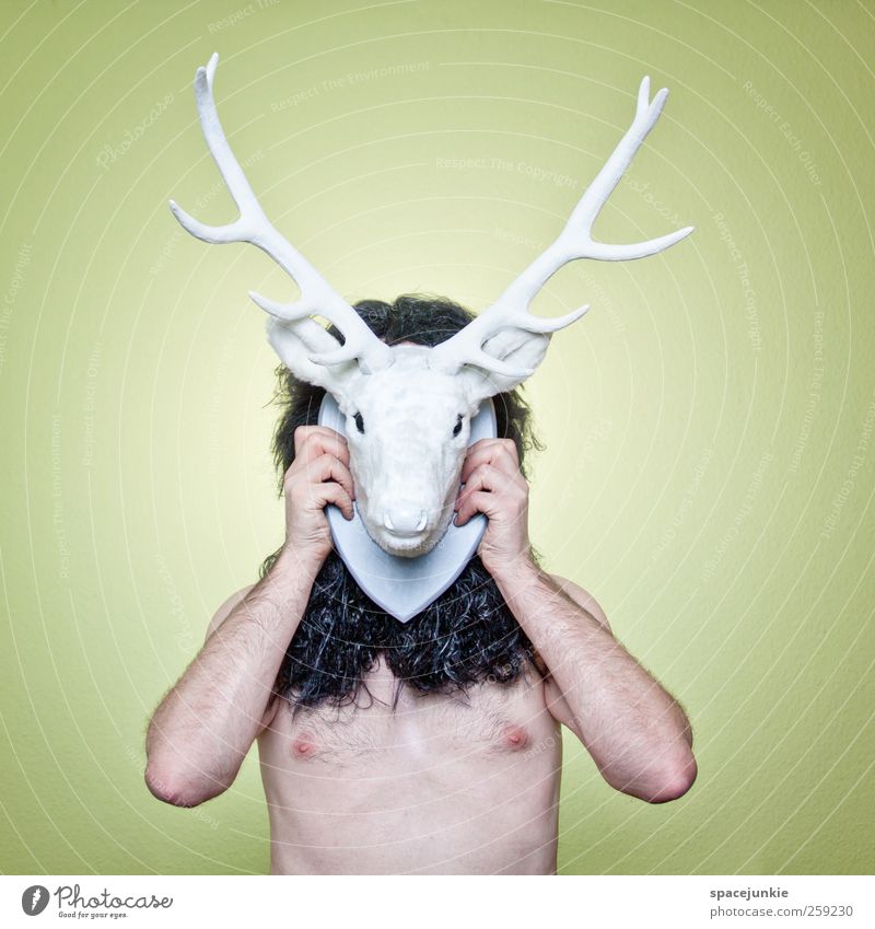 hunting Human being Man Adults Chest 1 Animal Wild animal Exceptional Threat Creepy Uniqueness Yellow White Deer Antlers stag's antlers Hide Mask Whimsical