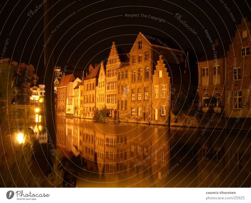 Half-timbered houses on the river Night Long exposure Ghent Belgium Half-timbered facade Mirror Reflection Light Craft (trade) River