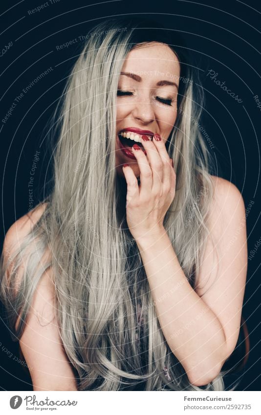 Smiling woman with long grey dyed hair Feminine Woman Adults 1 Human being 18 - 30 years Youth (Young adults) 30 - 45 years Beautiful Gray Colour