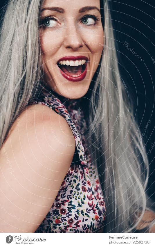 Laughing woman with long gray dyed hair Feminine Woman Adults 1 Human being 18 - 30 years Youth (Young adults) 30 - 45 years pretty Gray Hair and hairstyles
