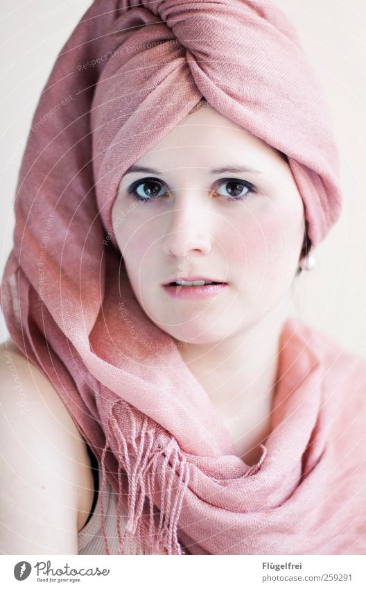 like porcelain Feminine Young woman Youth (Young adults) 1 Human being 18 - 30 years Adults Looking pearl earring Eyes Scarf Headscarf Headwear Turban Packaged