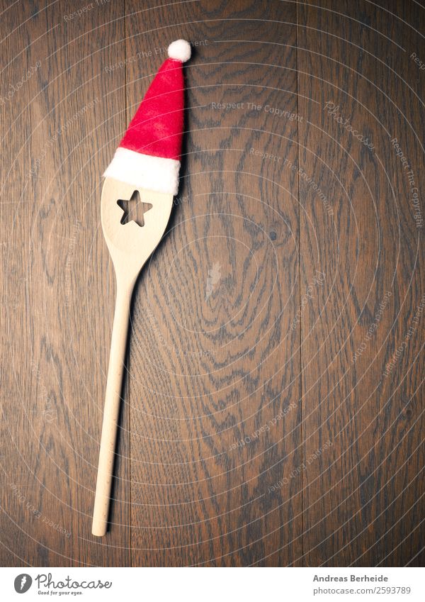 In the Christmas kitchen Banquet Spoon Style Winter Restaurant Christmas & Advent Hat Cap Wooden spoon Kitsch Funny Santa Claus cooking Background picture table