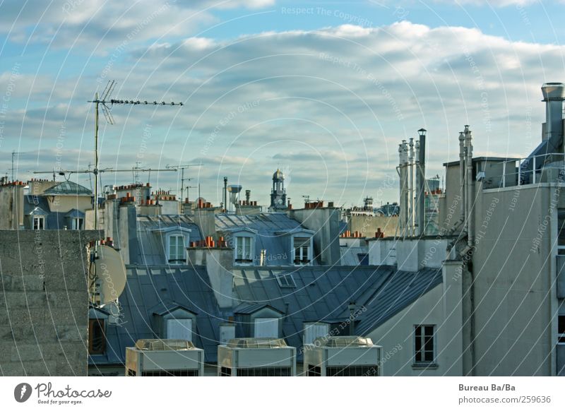 Vive la France! Town Capital city Downtown House (Residential Structure) Roof Chimney Antenna Blue Paris Clouds Vantage point Window Colour photo Exterior shot