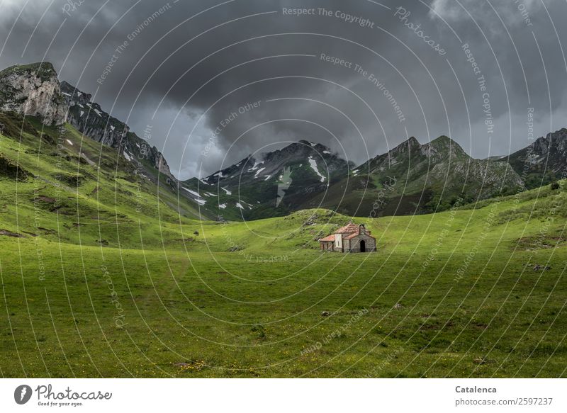 Continuous rain over an alp in the mountains with a small chapel Landscape Sky Storm clouds Spring Climate Climate change Bad weather Rain Snow Plant Grass