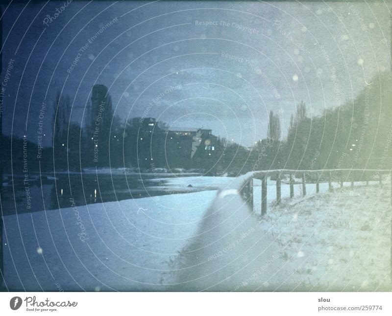 isar@night Winter River Isar Munich Town Deserted Cold Blue Gray Fence Museum Analog Colour photo Subdued colour Exterior shot Night Long exposure