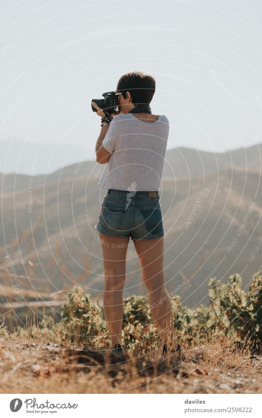Woman photographing nature. Lifestyle Leisure and hobbies Vacation & Travel Adventure Mountain Hiking Camera Human being Young woman Youth (Young adults) Adults