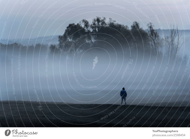 Man standing alone in the foggy nature Human being Adults 1 30 - 45 years Nature Landscape Autumn Fog Meadow Field Forest Stand Gloomy Loneliness Fear cold day