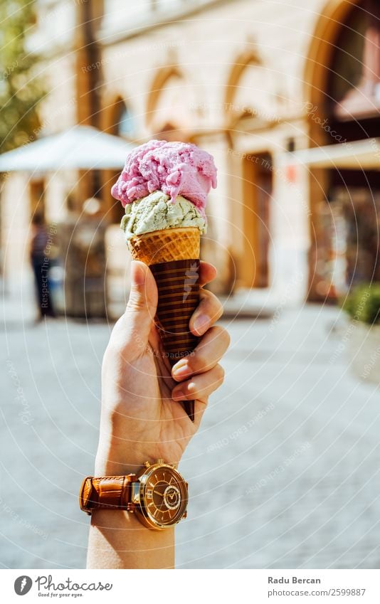 Woman Holding Green And Pink Ice Cream Cone Food Dairy Products Dessert Ice cream Candy Nutrition Eating Fast food Lifestyle Luxury Style Exotic Joy Beautiful