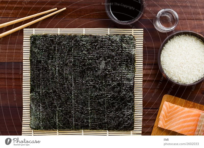 Sushi Ingredients Healthy food prepare preparing cooking nori Seaweed dry Dried makisu Mat bamboo mat Japanese Chopstick soy Sauce Rice Vinegar Salmon fish
