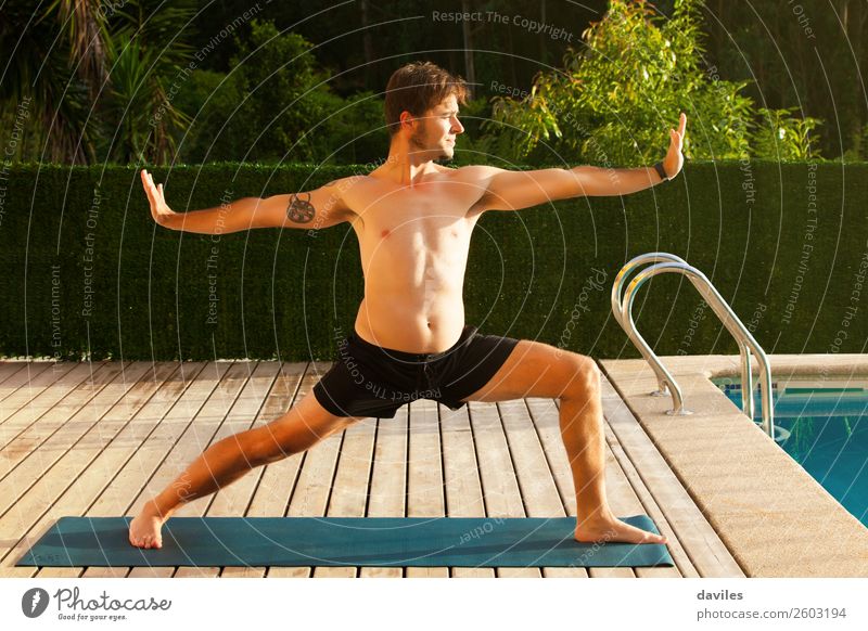 Man doing yoga outdoors at home Lifestyle Wellness Harmonious Calm Meditation Leisure and hobbies Summer Yoga Human being Masculine Adults Body 30 - 45 years