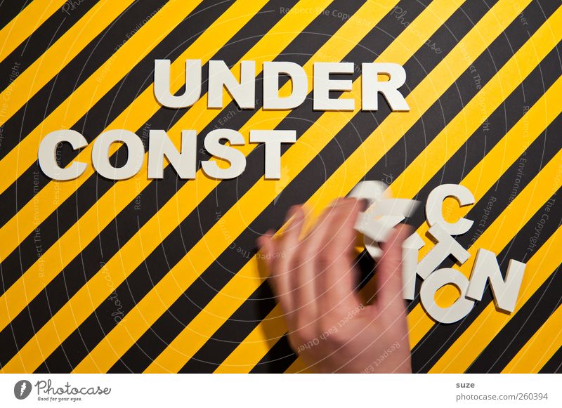 crafted Lifestyle Style Design Construction site Hand Fingers Characters Signage Warning sign Stripe Movement Funny Yellow Black White Idea Creativity Striped
