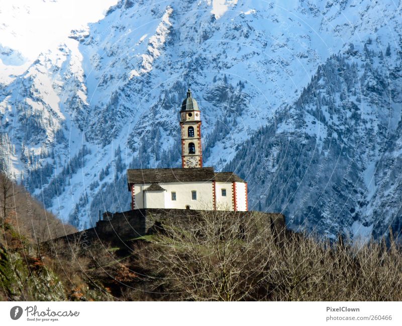 Church in the middle Snow Mountain Life Art Landscape Alps Manmade structures Stone Blue White Loneliness Colour photo Exterior shot Bird's-eye view Long shot