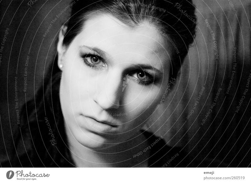 white on black Feminine Young woman Youth (Young adults) Face 1 Human being 18 - 30 years Adults Uniqueness haunting Black & white photo Interior shot