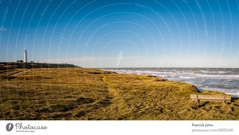 Denmark's coast Relaxation Calm Sun Beach Ocean Waves Hiking Landscape Cloudless sky Autumn Wind Meadow Coast North Sea shepherd's check Deserted Lighthouse