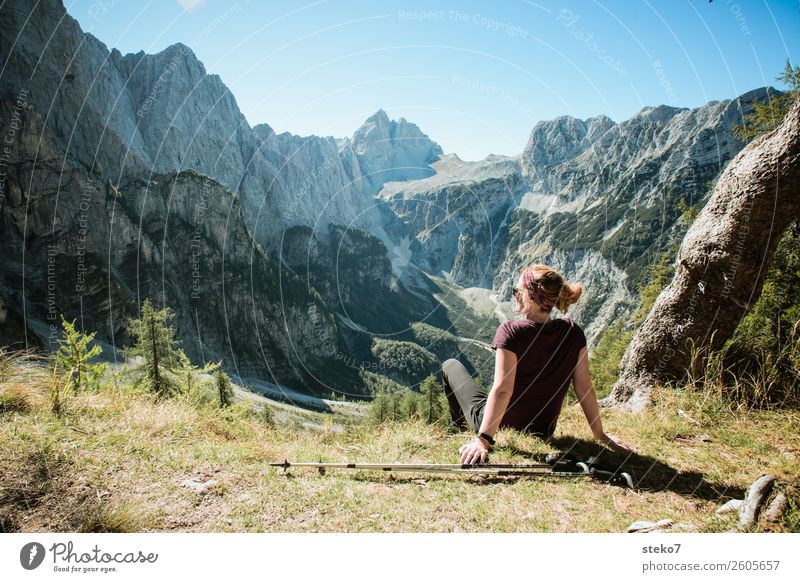 Hiker in the Alps Mountain Hiking Feminine Young woman Youth (Young adults) 1 Human being 18 - 30 years Adults Beautiful weather Rock Triglav National Park Peak