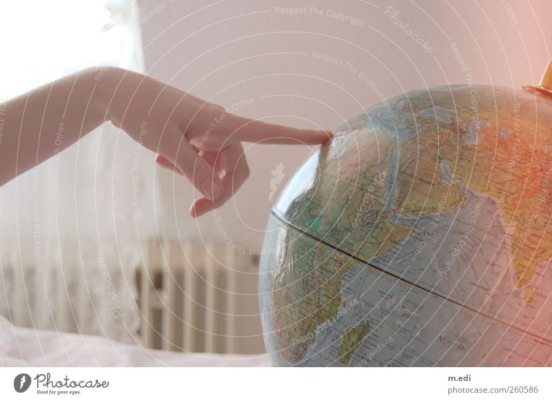 I want to go or forever a globetrotter! Trip Adventure Far-off places Hand Fingers Globe Map Homesickness Wanderlust Colour photo Interior shot