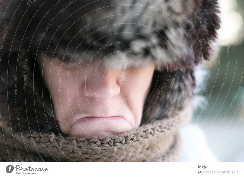 I don't want any more frost!!! Lifestyle Adults Face Winter Climate Ice Frost Pelt Scarf Cap fur cap Freeze Communicate Sadness Dark Cold Cuddly Rebellious