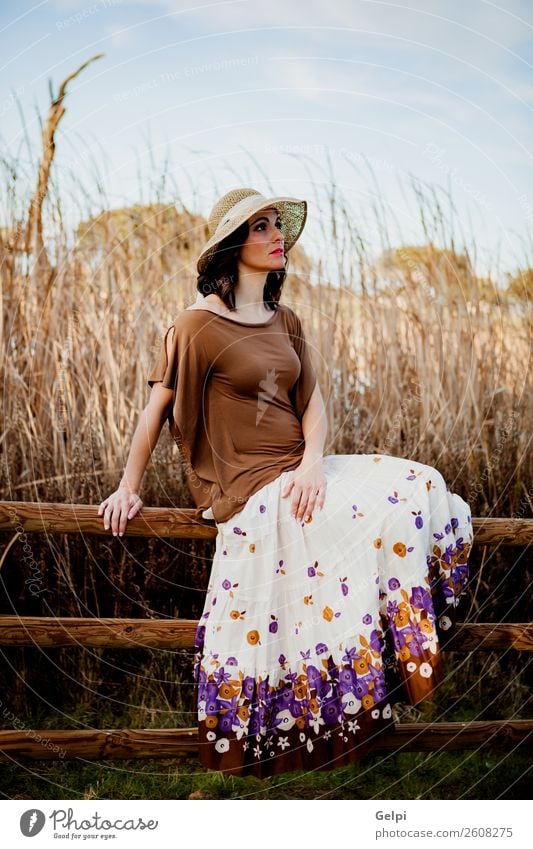 Stylish woman Lifestyle Style Beautiful Human being Woman Adults Nature Landscape Fashion Clothing Skirt Hat Brunette Sit Eroticism Cute Retro Brown girl young