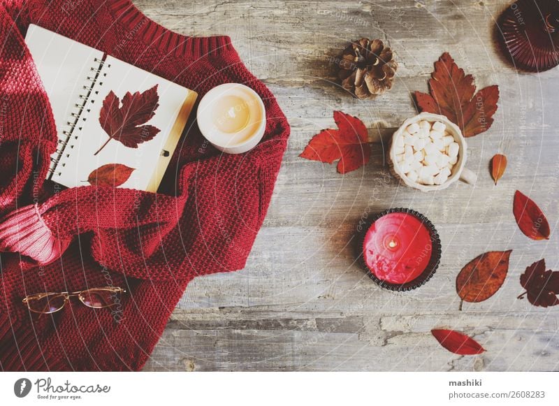 cozy autumn flat lay with red knitted sweater Lifestyle Winter Decoration Desk Table Nature Autumn Leaf Paper Candle Write Creativity note fall Seasons notebook