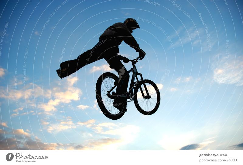 foot away Bicycle Jump Trick Stunt Ramp Air Back-light Clouds Black Extreme sports Brave Fear Flying street Feet Sky
