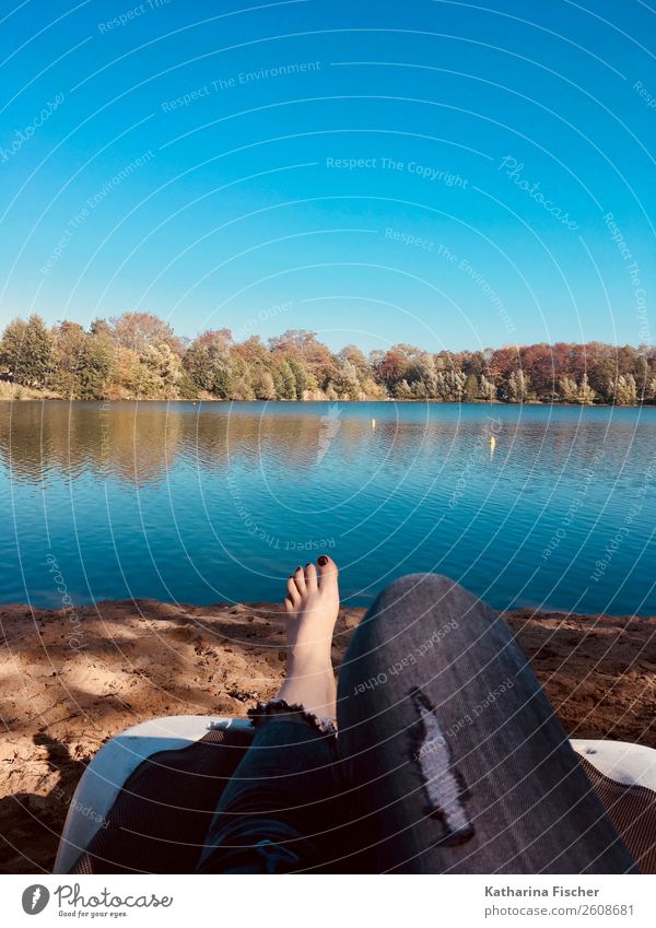 A day at the lake Legs Feet Environment Nature Sand Water Sky Cloudless sky Spring Summer Autumn Beautiful weather Lakeside Relaxation Lie Warmth Blue Brown