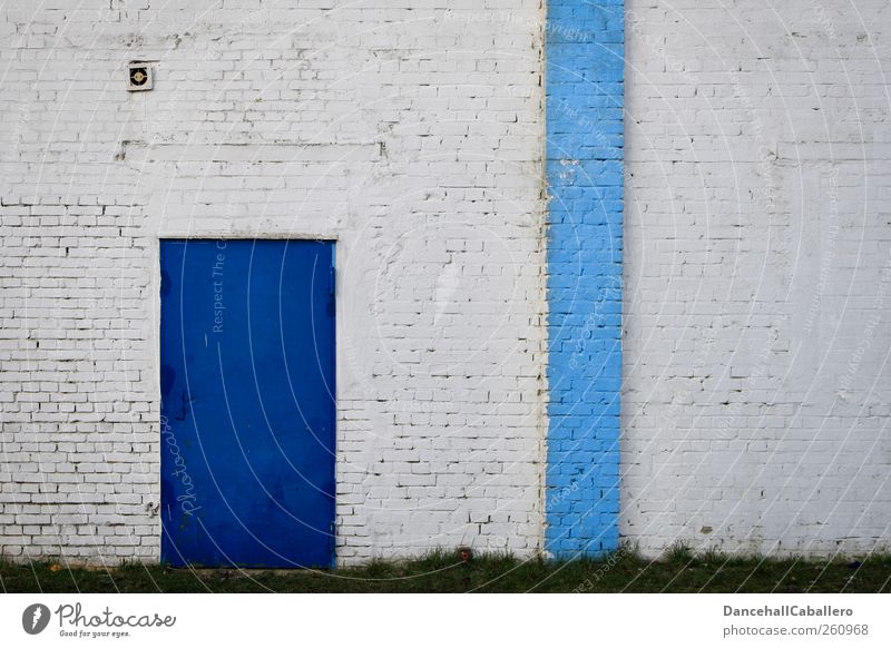 back door House (Residential Structure) Building Architecture Wall (barrier) Wall (building) Door Long Blue White Symmetry Stripe Brick Back door Closed Painted