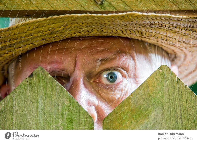 a curious neighbour stands behind a fence Human being Masculine Man Adults Eyes 1 60 years and older Senior citizen Observe Old Curiosity Emotions Moody
