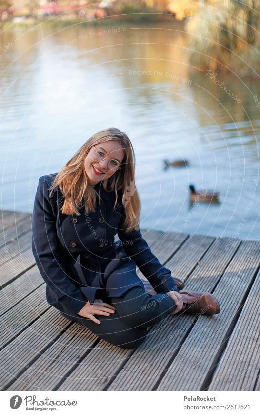 #A# By The Ent 1 Human being Esthetic Woman Sit To enjoy Nature Duck birds Coat Fashion Manikin Model Autumn Exterior shot Jetty Lake Pond Trip Colour photo