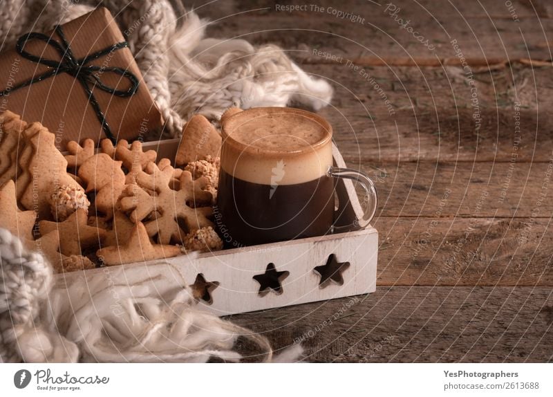 Xmas breakfast tray with coffee and cookies Dessert Candy Breakfast Hot drink Coffee Lifestyle Happy Leisure and hobbies Winter Decoration Table