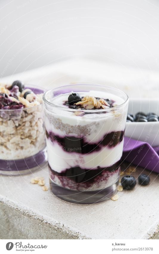 Chia pudding with blueberries Food Yoghurt Dairy Products Fruit Grain Nutrition Breakfast Organic produce Vegetarian diet Glass Healthy Eating Fresh Violet