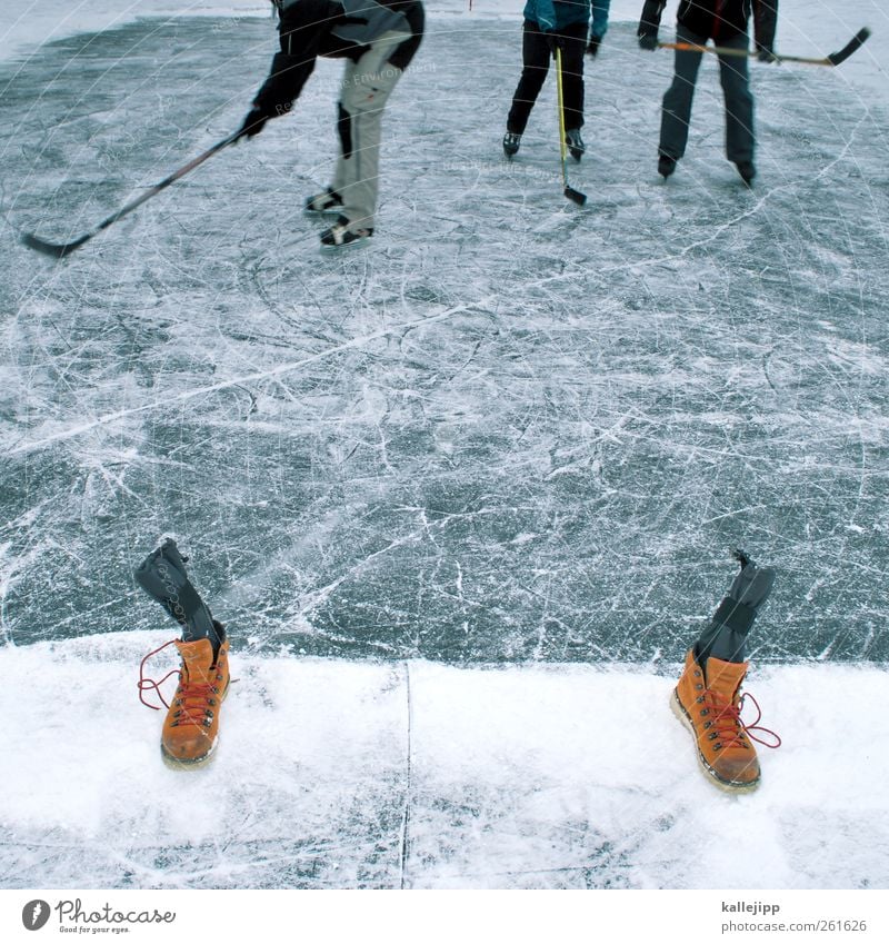 play-off Sports Winter sports Sporting Complex Human being Body Legs Feet 3 Environment Nature Climate Weather Ice Frost Pond Lake Pants Playing Ice hockey