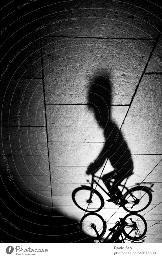 Shadow of a cyclist Lifestyle Athletic Cycling tour Bicycle Human being Body 1 Town Transport Means of transport Street Helmet Thin Black White Power