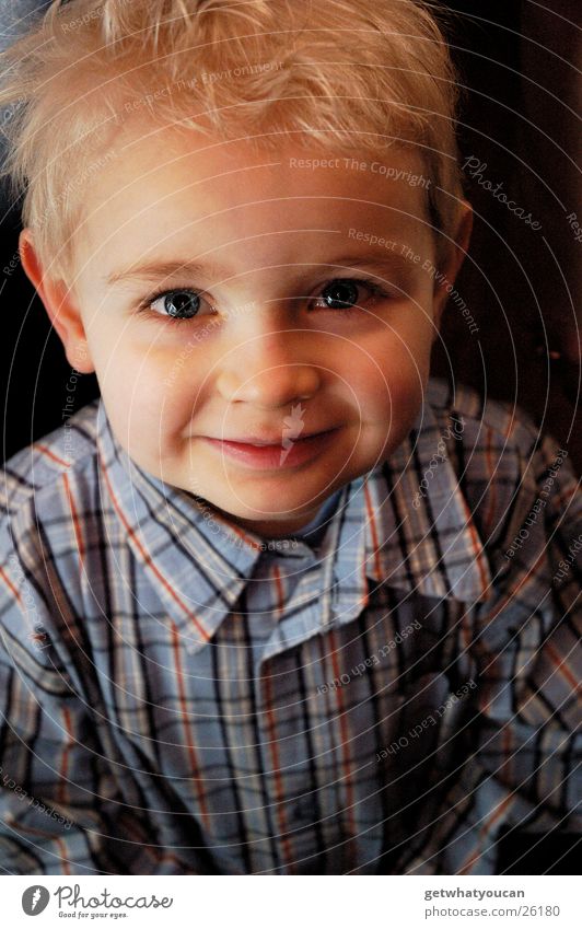 Little guy Child Chic Shirt Cute Sweet Friendliness Light Soft Physics Beautiful Cheek Blonde Small Looking Human being Boy (child) Laughter Grinning Eyes Face