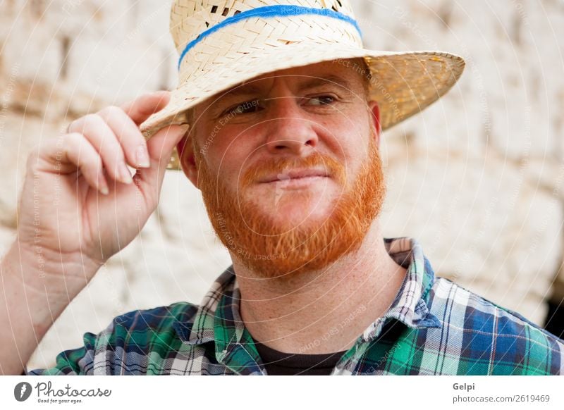 Red haired man Style Hair and hairstyles Human being Man Adults Hat Red-haired Moustache Beard Old Stand Cool (slang) Hip & trendy Modern Cute Blue