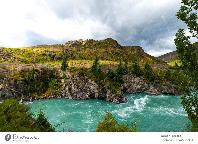 white water Mountain Landscape Water Clouds River Jump New Zealand Rough Sky voyage Turquoise Rock Day panoramic view Green whirlpools mountains Hill