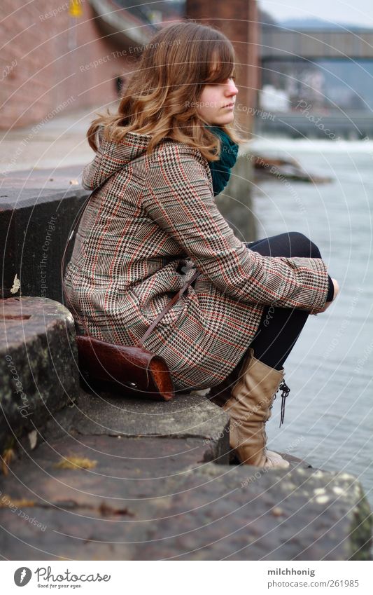 down by the river Feminine Young woman Youth (Young adults) 1 Human being 18 - 30 years Adults Moss River Wall (barrier) Wall (building) Stairs Coat Scarf Boots