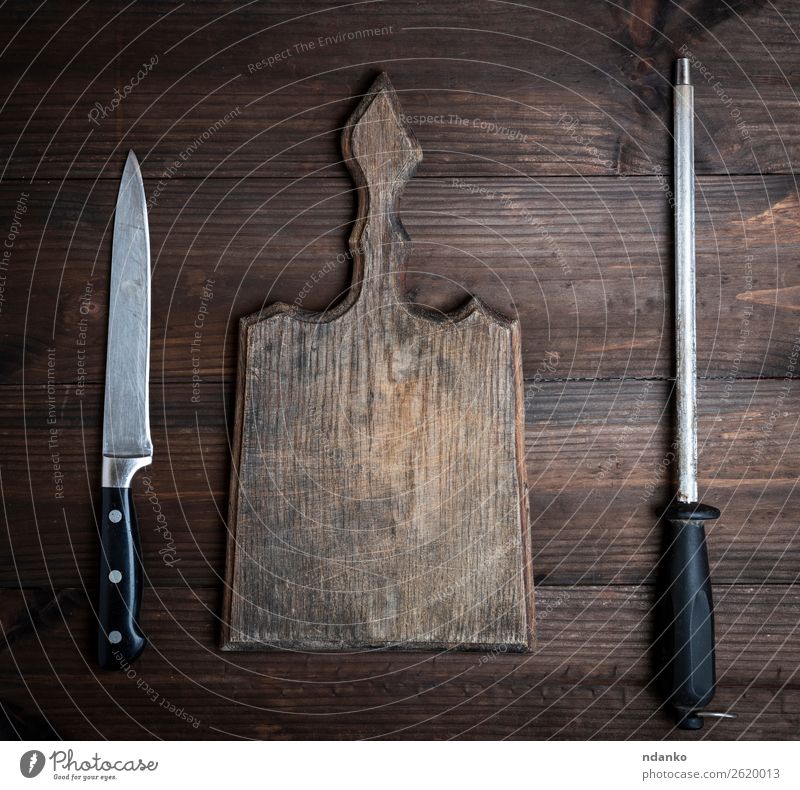 old brown wooden cutting board Knives Table Kitchen Nature Wood Old Retro Brown knife background Blank chopping cook cooking Cut empty food Grunge