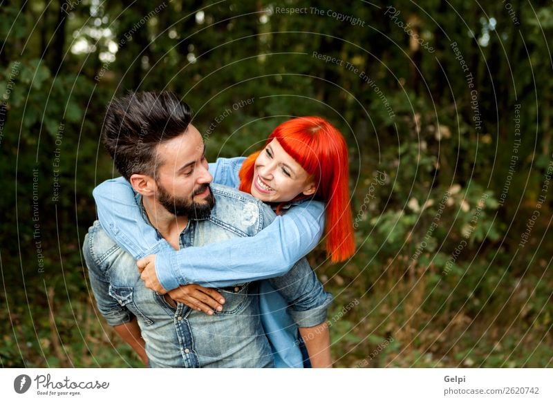 Handsome guy giving piggyback Lifestyle Joy Happy Beautiful Leisure and hobbies Summer Human being Woman Adults Man Family & Relations Couple Red-haired Beard
