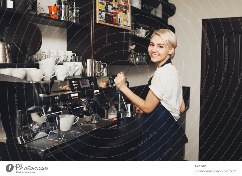 smiling young Barista making coffee in cafe Beverage Hot drink Lifestyle Elegant Style Beautiful Leisure and hobbies Vacation & Travel Entertainment Party