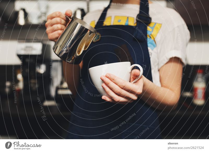 Barista girl holding a glass of coffee Food Beverage Hot drink Coffee Latte macchiato Espresso Lifestyle Elegant Style Leisure and hobbies Playing Restaurant