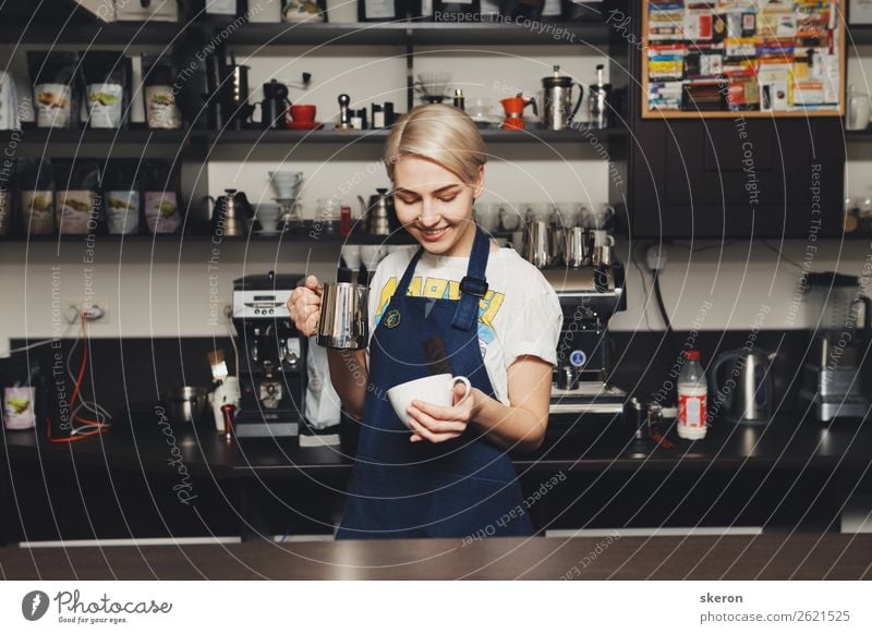 smiling Barista girl prepares coffee Candy Nutrition Eating Breakfast Lunch Dinner Buffet Brunch Fast food Beverage Hot drink Hot Chocolate Coffee
