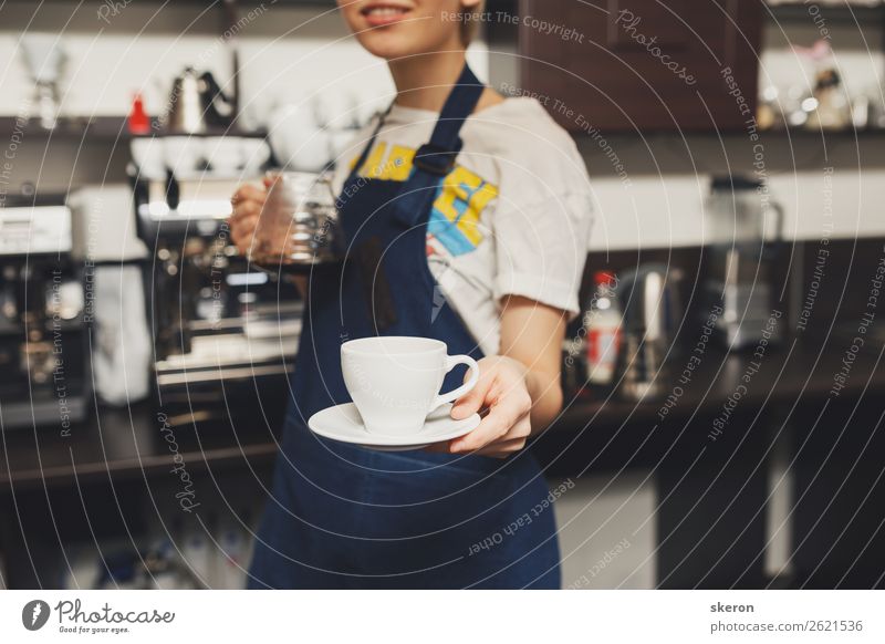 Barista holds out a Cup of coffee Nutrition Lunch Beverage Drinking Cold drink Hot drink Hot Chocolate Coffee Espresso Tea Plate Lifestyle Leisure and hobbies