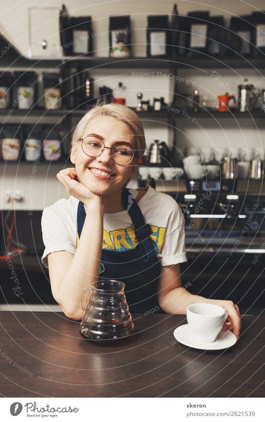 smiling Barista girl offers a Cup of coffee Nutrition Eating Lunch Buffet Brunch Business lunch Fast food Beverage Drinking Hot drink Coffee Plate Mug Lifestyle