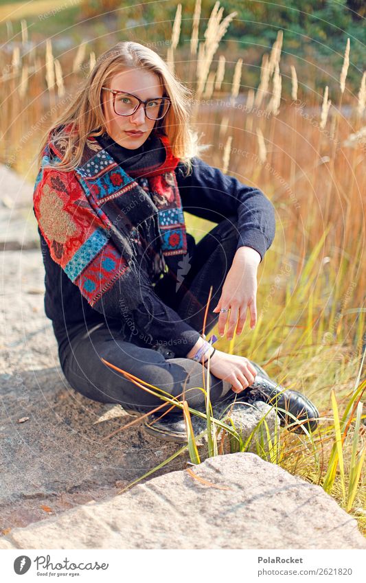 #A# AmSee 1 Human being Esthetic Fashion Model Manikin Woman Nature Exterior shot Beautiful weather Sit Fern Looking Relaxation Scarf Pond Lake Colour photo