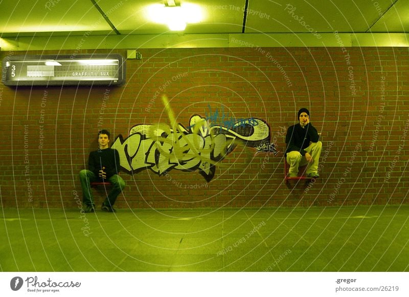 graffiti sux full Green Painting and drawing (object) Human being Graffiti Train station Sit Seating