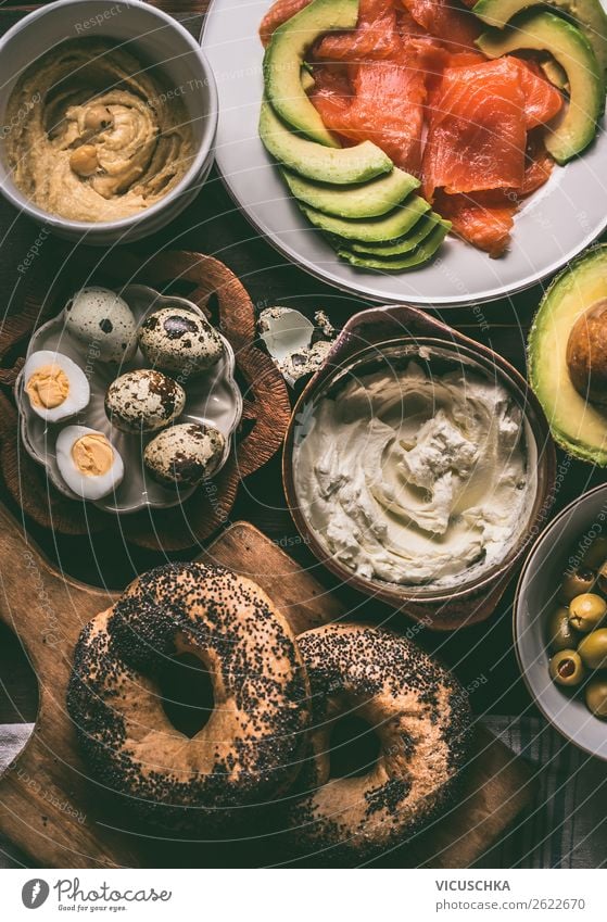 Breakfast with bagel, eggs, salmon and avocado Food Cheese Roll Nutrition Buffet Brunch Organic produce Crockery Style Design Healthy Eating Living or residing